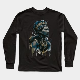 Tribal African Warrior in Costume with Spear in Ink Painting Style Long Sleeve T-Shirt